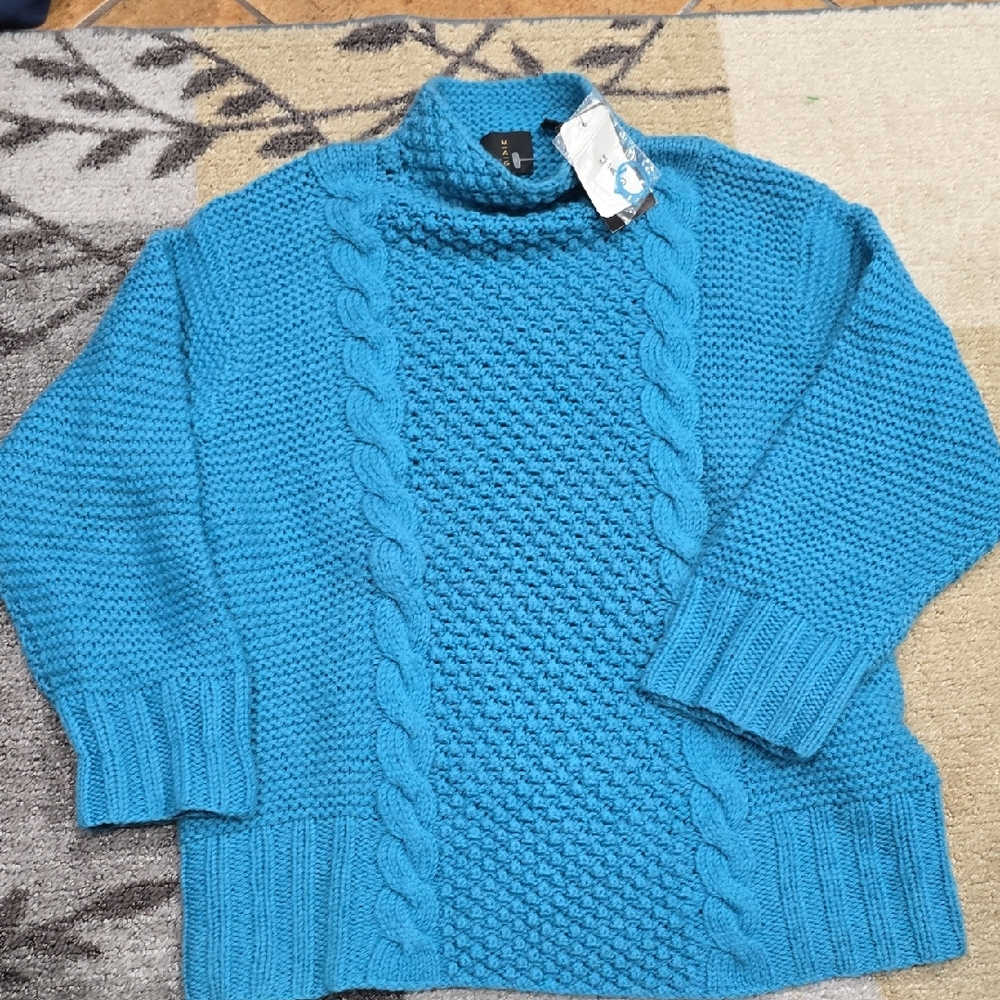 Mango Turquoise Cable Knit Turtleneck Sweater